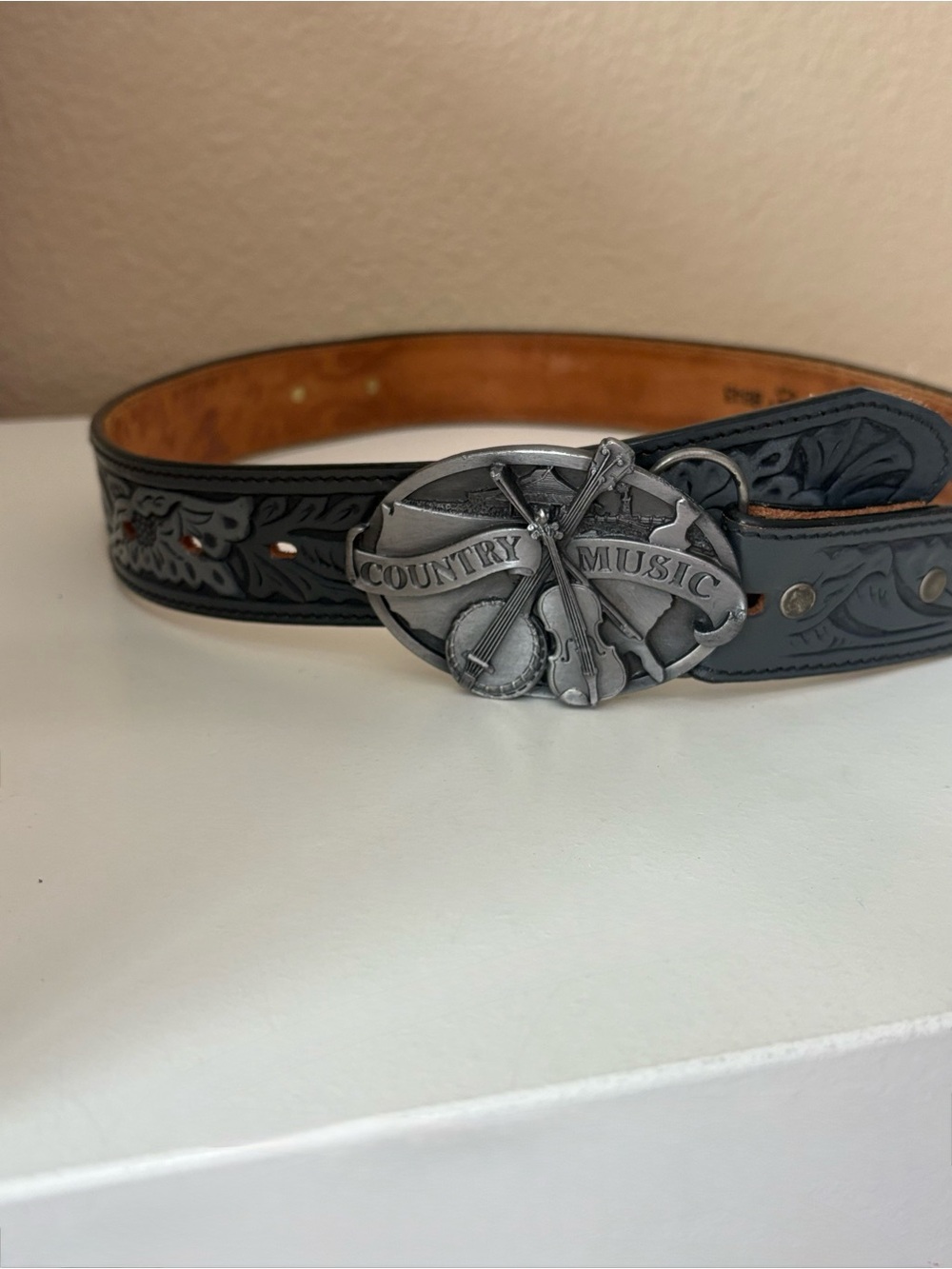 Vintage Leegin Leather Western Belt 30 Tooled 1984 Country Music Pewter Buckle